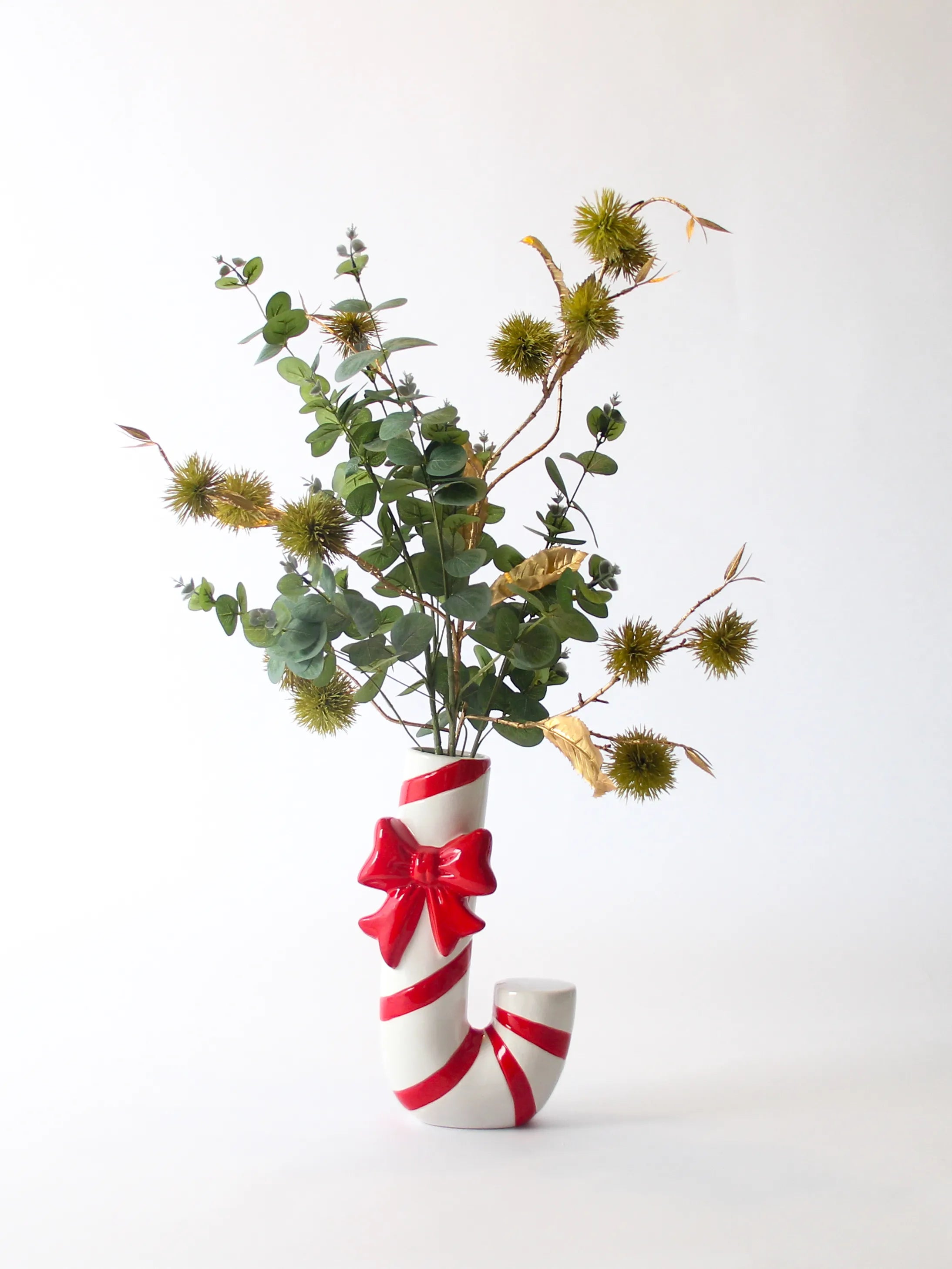 Rood-witte kerstvaas Candy Cane met strik, 35 cm