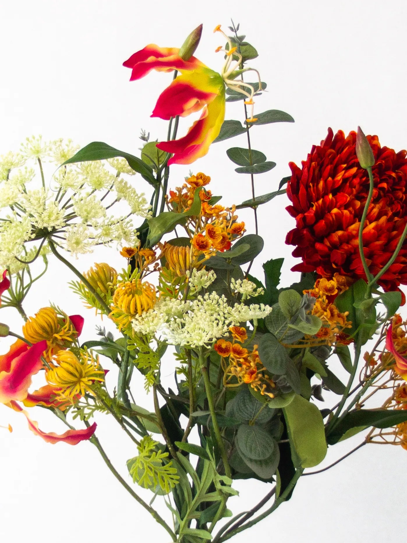 Zijden herfstboeket Harvest met witte dille en Gloriosa oranje – 70 cm