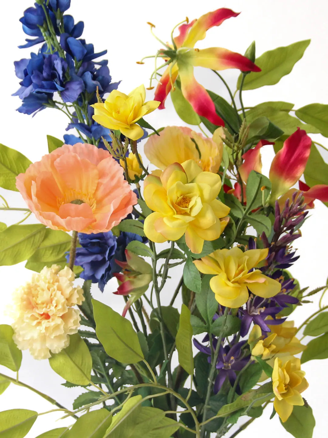 Zijden boeket Isla met Poppy peach en Delphinium blauw