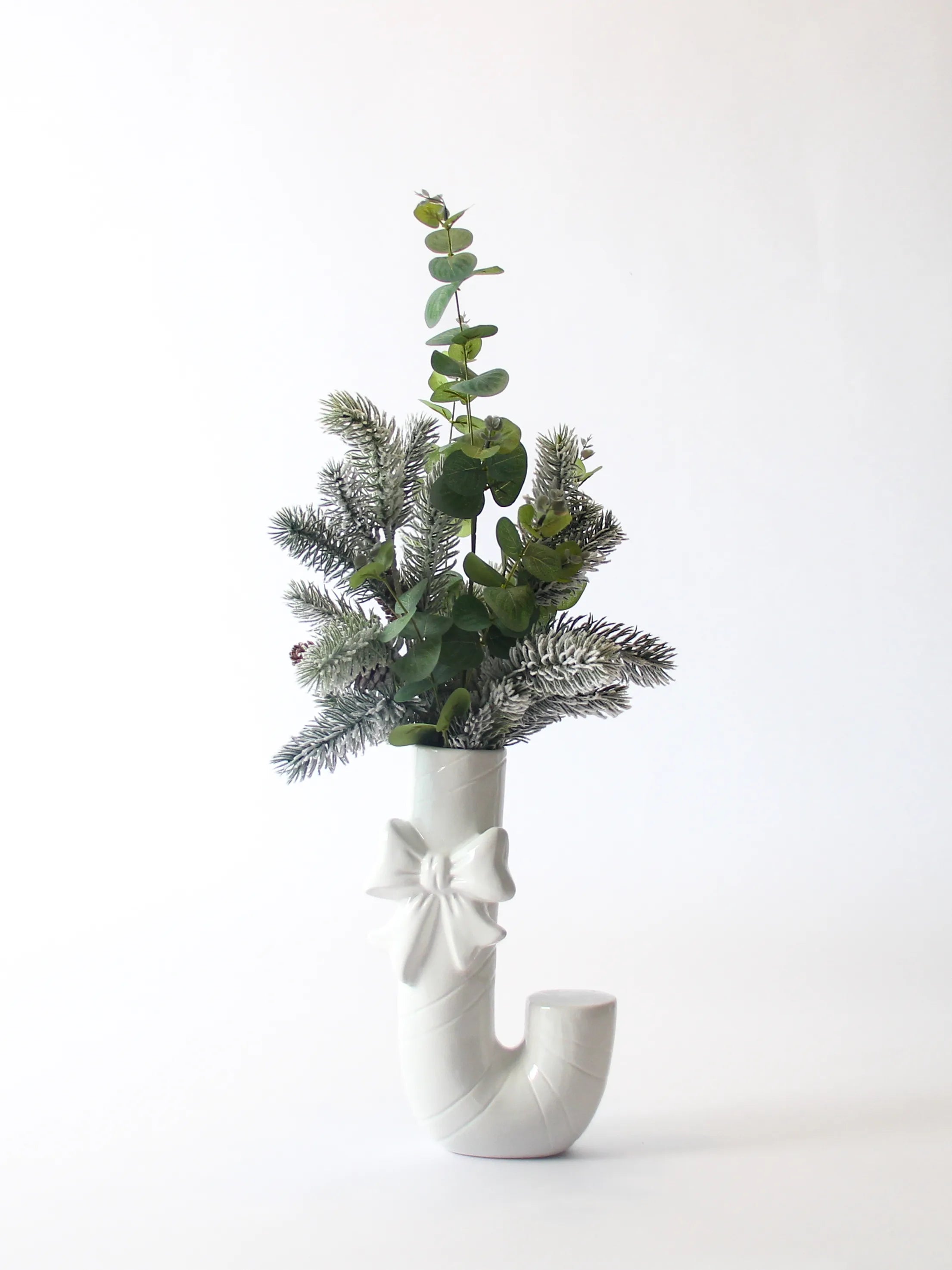 Witte kerstvaas Frosted met strik, 35 cm